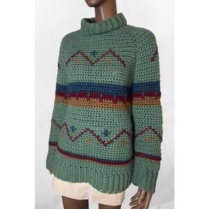 Handmade vintage sage crocheted sweater horizontal stripes& geometric patterns